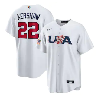 Men's USA Baseball #22 Clayton Kershaw 2023 White World Baseball Classic Replica Stitched Jersey Men's USA Baseball #22 Clayton Kershaw 2023 White World Baseball Classic Replica Stitched Jersey